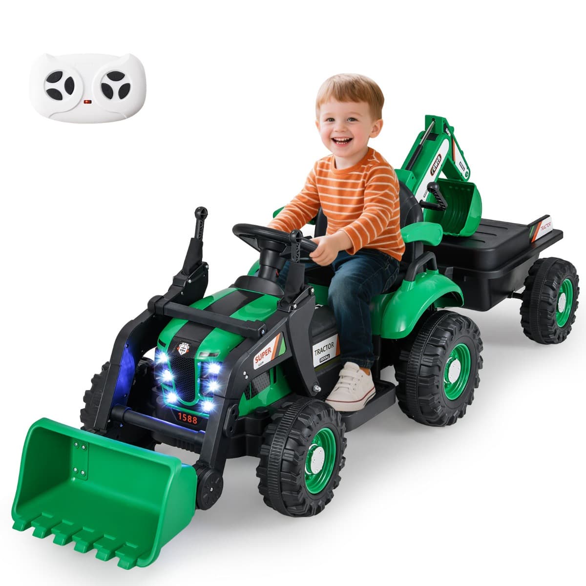 CostwayTracteur Pelleteuse et Bulldozer pour Enfants Voiture Électrique 12V avec Remorque Pelle Seau Télécommande Lumières LED pour 3+ Ans Vert
