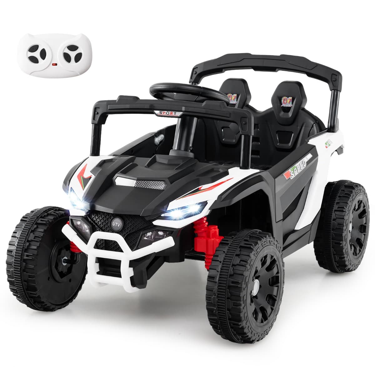 CostwayVoiture Électrique 12v Camion Utv avec Télécommande 3 Vitesses Lumières Led Musique Klaxon & Suspension à Ressort pour 3+ Ans Blanc