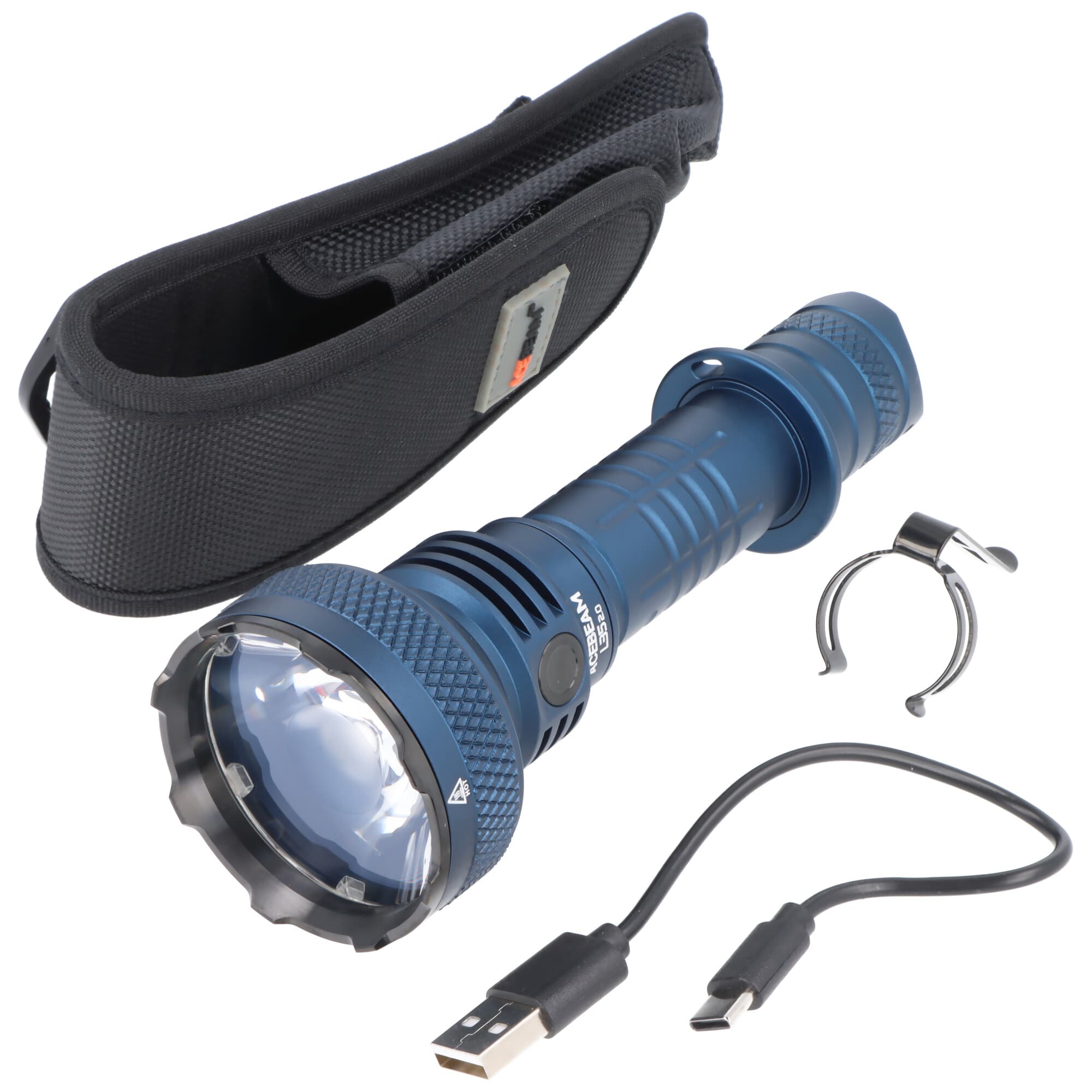 Lampe de poche LED AceBeam L35 2.0 avec max. 5 000 lumens et jusqu'à 650 mètres, bleue, sans batterie, avec sac de rangement pour accessoires